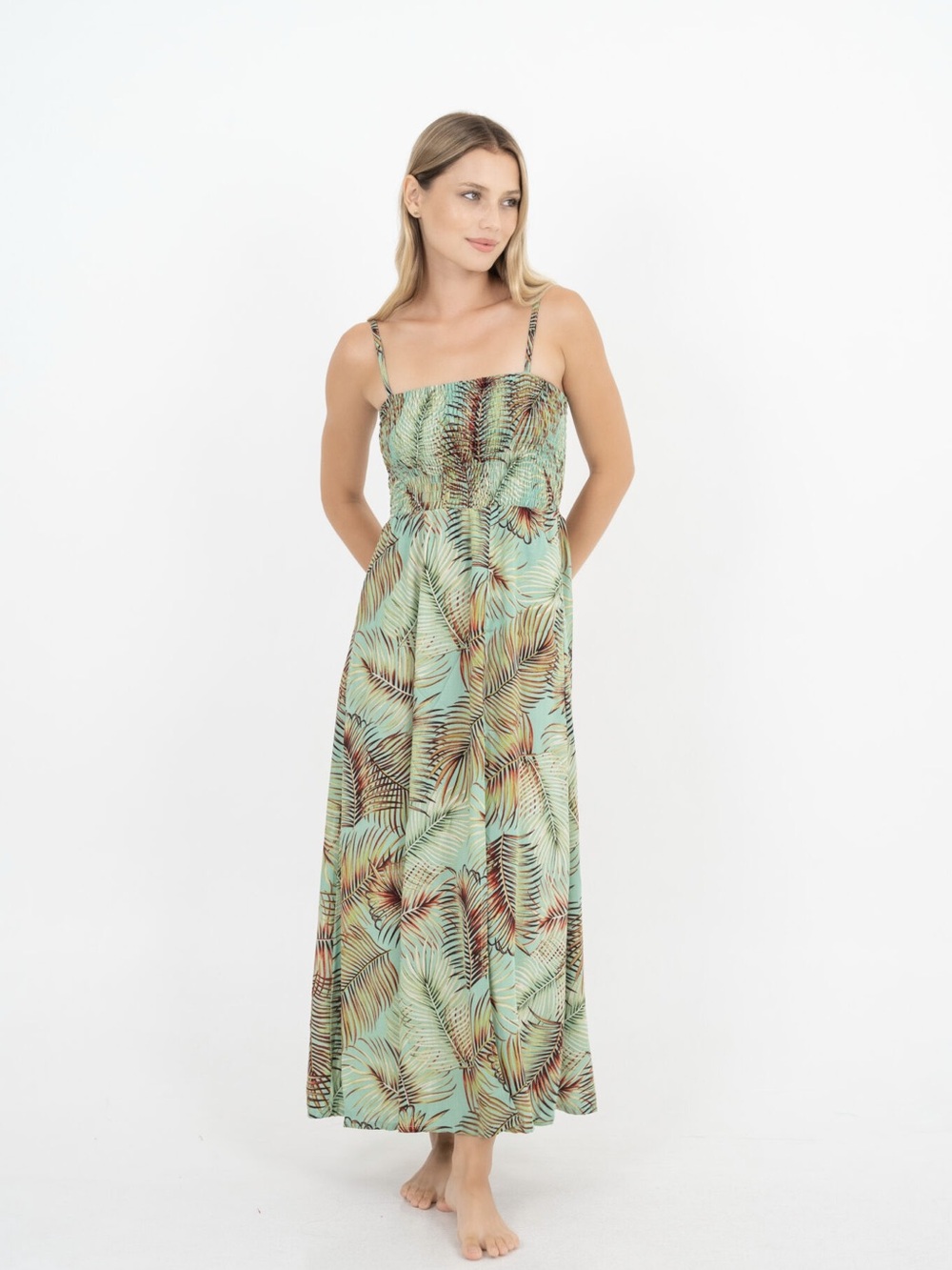 Tropical Print Smocked Maxi Dress